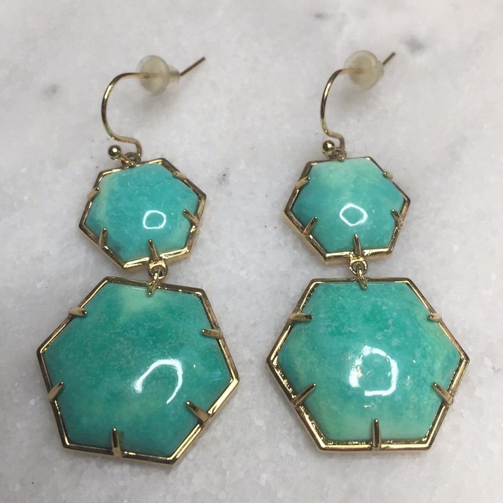 Hexagon Turquoise Double Drop Earrings Gold Plated